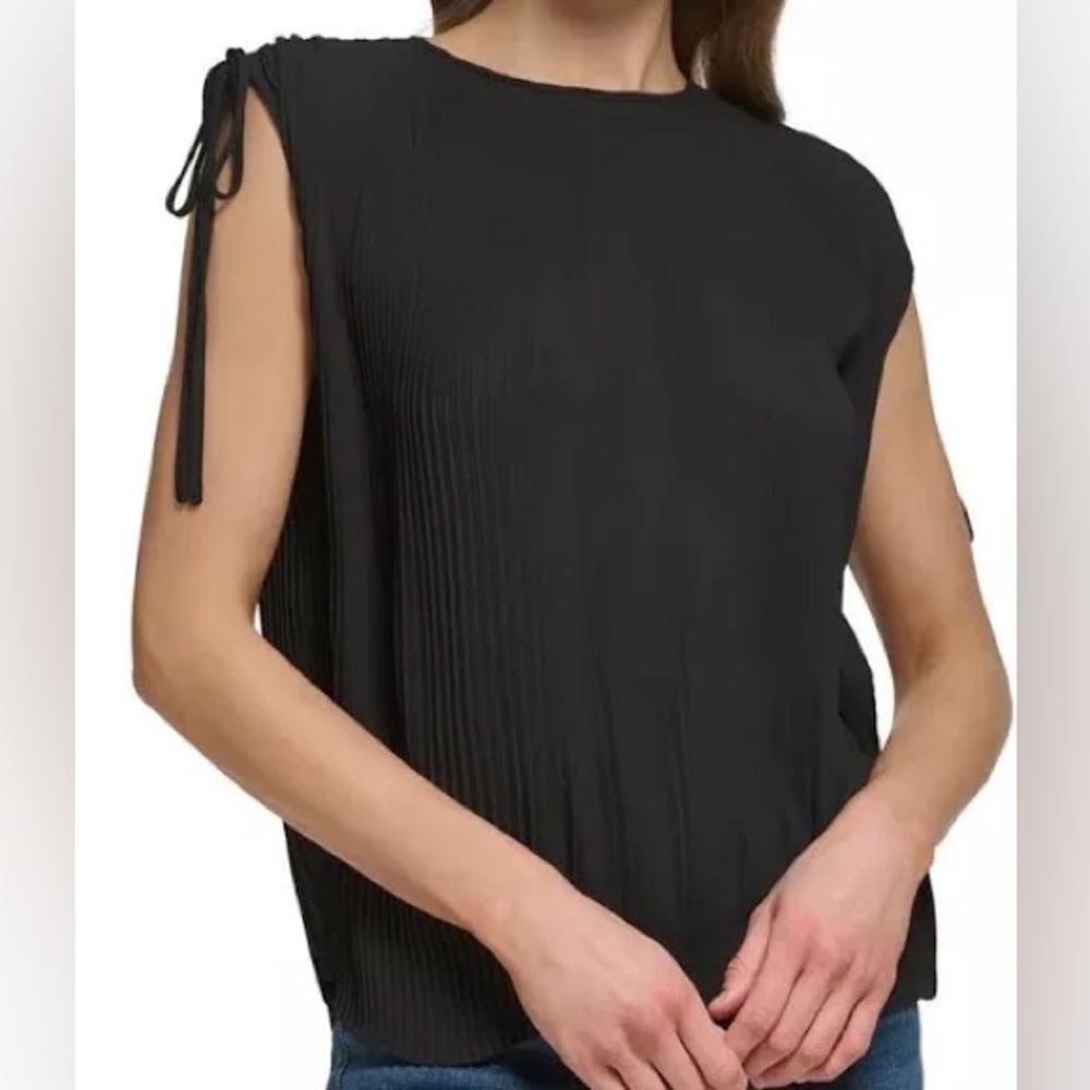 DKNY Black Pleated Short-Sleeve Tie-Shoulder Top
